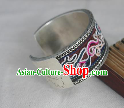 Handmade Chinese Miao Sliver Ornaments Embroidered Bracelet Traditional Hmong Sliver Bangle for Women