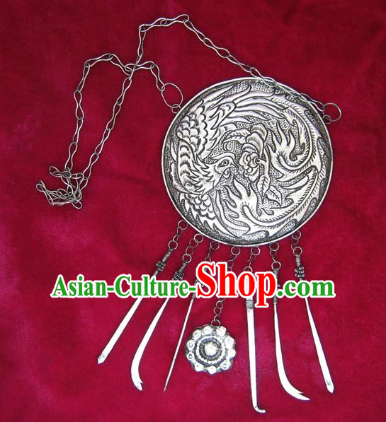 Traditional Chinese Miao Sliver Necklace Ornaments Hmong Sliver Carving Phoenix Necklet for Women