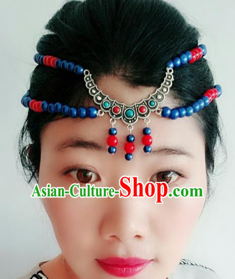 Chinese Traditional Mongol Stage Performance Tassel Hair Accessories, Mongolian Folk Dance Blue Beads Hair Clasp Headwear for Women