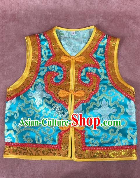 Chinese Traditional Mongol Nationality Blue Vest, China Mongolian Minority Folk Dance Waistcoat Ethnic Costume for Kids