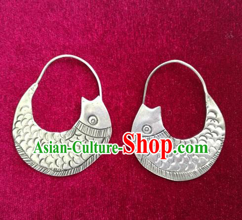 Traditional Chinese Miao Sliver Fishes Earrings Hmong Ornaments Minority Eardrop for Women