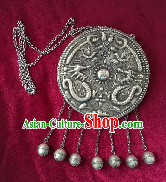 Traditional Chinese Miao Sliver Carving Dragon Necklace Hmong Ornaments Minority Headwear for Women