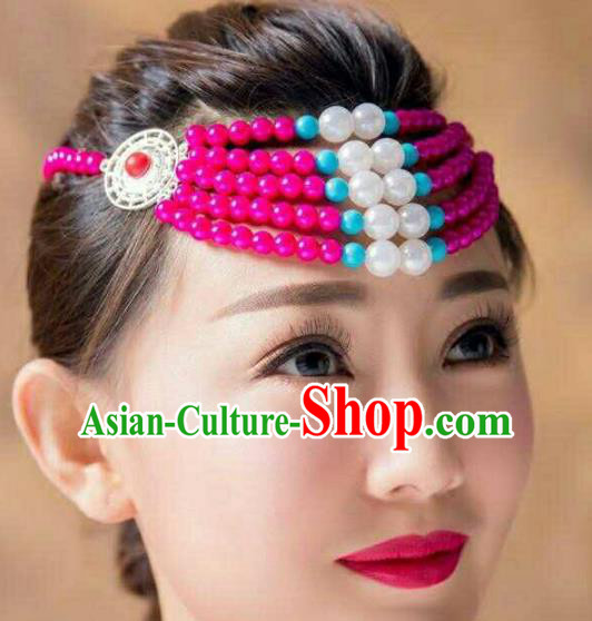 Chinese Traditional Mongol Stage Performance Hair Accessories, Mongolian Folk Dance Rosy Beads Headwear for Women