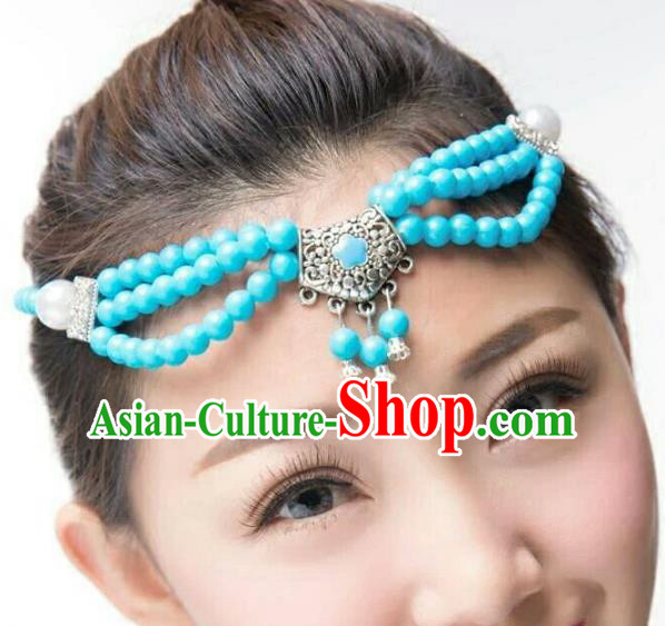 Chinese Traditional Mongol Stage Performance Blue Beads Hair Accessories, Mongolian Folk Dance Headwear for Women