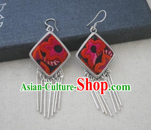 Chinese Traditional Miao Sliver Earrings Hmong Ornaments Accessories Minority Embroidered Red Flower Eardrop for Women