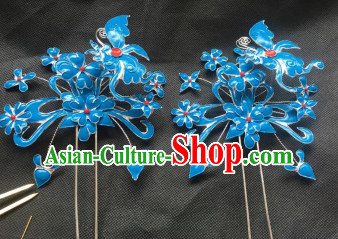 Traditional Chinese Miao Nationality Hanfu Blue Butterfly Flower Hairpins Hair Accessories for Women