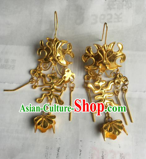 Chinese Traditional Ornaments Accessories Ancient Miao Minority Golden Earrings for Women