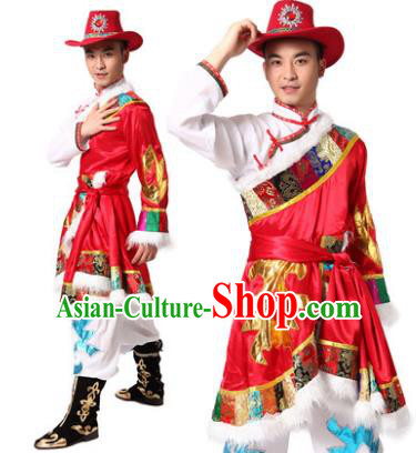 Traditional Chinese Zang Nationality Dance Costume, Tibetan Minority Folk Dance Ethnic Clothing for Men