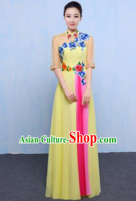 Chinese Traditional Chorus Singing Group Embroidered Costume, Compere Classical Dance Yellow Dress for Women