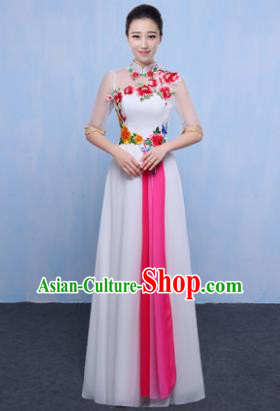 Chinese Traditional Chorus Singing Group Embroidered Costume, Compere Classical Dance White Dress for Women