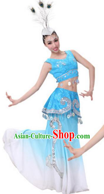 Traditional Chinese Dai Ethnic Peacock Dance Dress, Dai Minority Folk Dance Costume and Headwear for Women