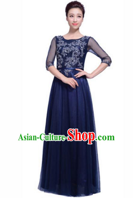 Top Grade Chorus Singing Group Beading Embroidery Navy Full Dress, Compere Stage Performance Modern Dance Costume for Women
