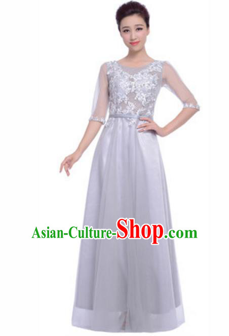 Top Grade Chorus Singing Group Beading Embroidery Grey Full Dress, Compere Stage Performance Modern Dance Costume for Women