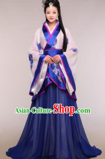 Traditional Chinese Ancient Palace Lady Costume Han Dynasty Princess Royalblue Hanfu Dress for Women