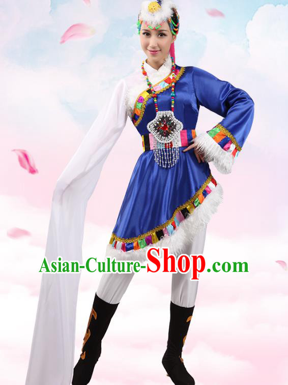 Traditional Chinese Zang Ethnic Dance Blue Dress, China Tibetan Minority Folk Dance Costume and Headwear for Women