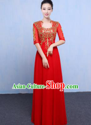 Top Grade Chorus Singing Group Modern Dance Embroidered Red Dress, Compere Classical Dance Costume for Women