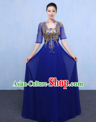 Top Grade Chorus Singing Group Modern Dance Embroidered Royalblue Dress, Compere Classical Dance Costume for Women