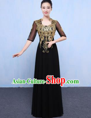 Top Grade Chorus Singing Group Modern Dance Embroidered Black Dress, Compere Classical Dance Costume for Women