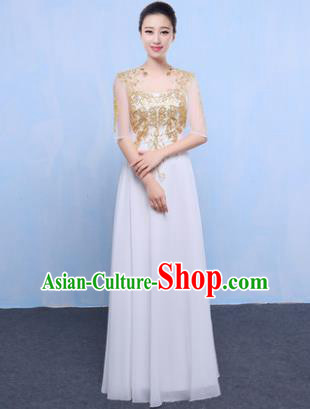 Top Grade Chorus Singing Group Modern Dance Embroidered White Dress, Compere Classical Dance Costume for Women