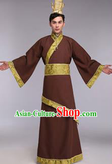 Traditional Chinese Ancient Scholar Costume Han Dynasty Minister Hanfu Brown Curving-front Robe for Men