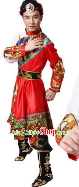 Traditional Chinese Zang Nationality Clothing, Tibetan Minority Folk Dance Ethnic Costume for Men