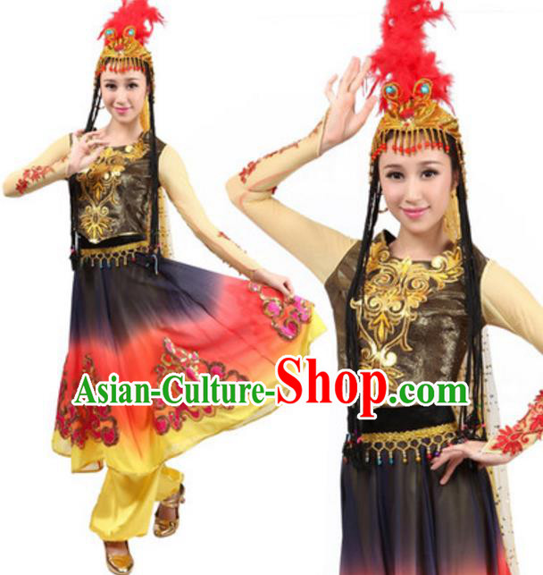 Traditional Chinese Uigurian Nationality Clothing, Uyghur Minority Folk Dance Ethnic Costume for Women