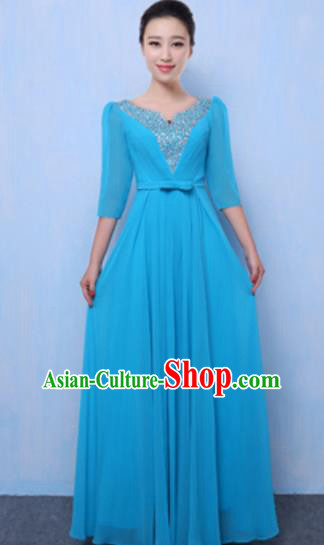 Top Grade Chorus Singing Group Blue Full Dress, Compere Classical Dance Costume for Women
