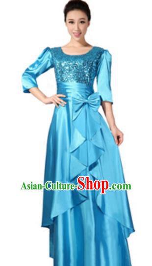 Top Grade Chorus Singing Group Blue Sequins Full Dress, Compere Classical Dance Costume for Women