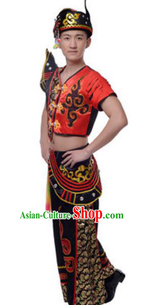 Traditional Chinese Yi Nationality Ethnic Clothing, China Yi Minority Folk Dance Costume and Hat for Men