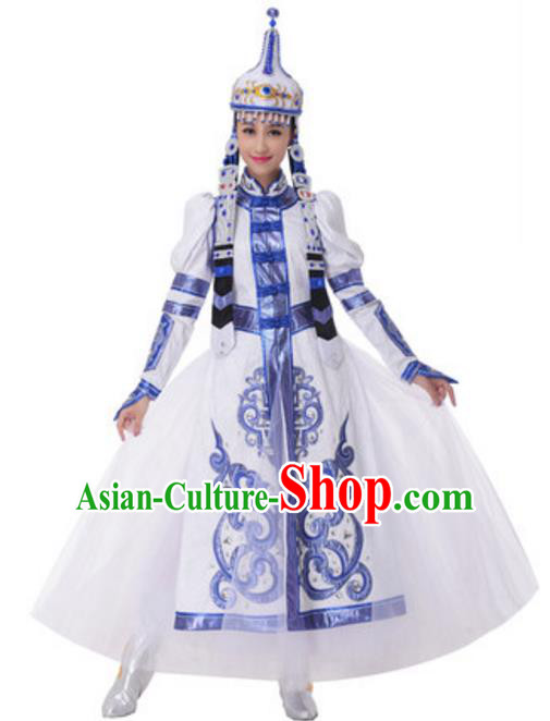Traditional Chinese Mongol Nationality Dancing Costume and Hat, China Mongolian Minority Folk Dance Ethnic Pleated Skirt for Women