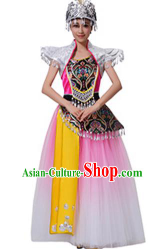 Traditional Chinese Miao Nationality Dance Pink Dress, China Hmong Minority Folk Dance Ethnic Costume and Headwear for Women