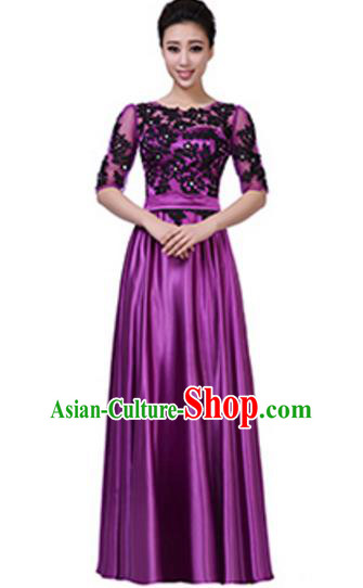 Top Grade Chorus Group Purple Long Full Dress, Compere Stage Performance Choir Costume for Women