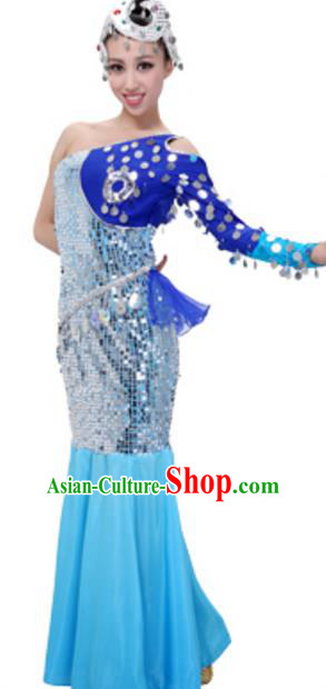 Traditional Chinese Dai Nationality Princess Clothing, China Dai Minority Peacock Dance Ethnic Costume and Headwear for Women