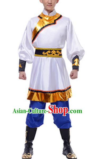 Traditional Chinese Mongols Nationality White Clothing, China Mongolian Minority Dance Ethnic Costume for Men