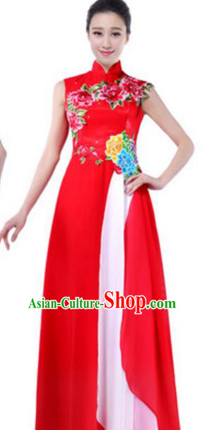 Top Grade Chinese Chorus Group Red Full Dress, Compere Stage Performance Choir Costume for Women