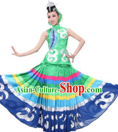 Traditional Chinese Yi Nationality Dance Green Dress, Chinese Yi Ethnic Dance Costume and Headwear for Women