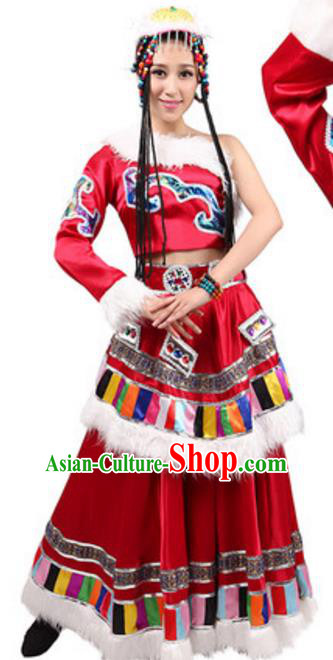 Traditional Chinese Zang Nationality Red Dress, China Tibetan Ethnic Dance Costume and Hat for Women