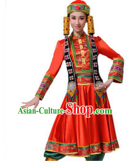 Chinese Traditional Mongol Nationality Red Clothing, China Mongolian Minority Ethnic Dance Costume and Headpiece for Women
