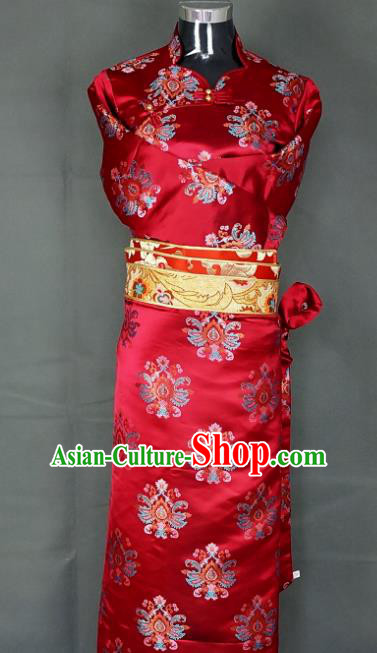 Chinese Traditional Zang Nationality Dress, China Tibetan Heishui Dance Red Brocade Costume for Women