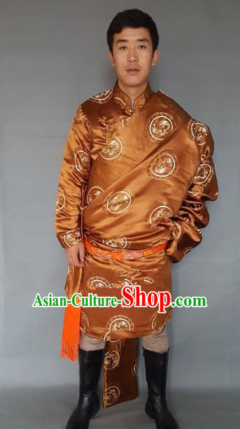 Chinese Traditional Zang Nationality Costume Golden Brocade Tibetan Robe, China Tibetan Ethnic Clothing for Men