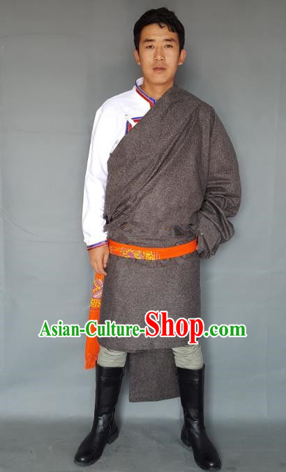 Chinese Traditional Zang Nationality Costume Grey Tibetan Robe, China Tibetan Ethnic Clothing for Men