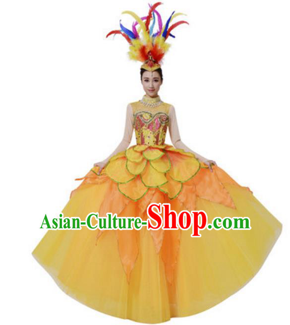 Top Grade Chinese Classical Dance Yellow Dress Stage Performance Lotus Dance Costume for Women