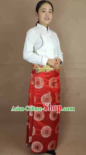 Chinese Traditional Zang Nationality Clothing Red Brocade Bust Skirt, China Tibetan Ethnic Heishui Dance Costume for Women