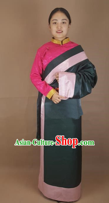 Chinese Traditional Zang Nationality Clothing Atrovirens Silk Tibetan Robe, China Tibetan Ethnic Heishui Dance Costume for Women