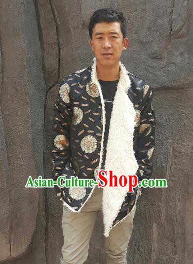 Chinese Traditional Zang Nationality Costume Black Cotton-padded Jacket, China Tibetan Ethnic Clothing for Men