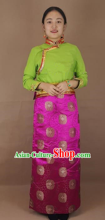 Chinese Traditional Zang Nationality Clothing Rosy Bust Skirt, China Tibetan Ethnic Heishui Dance Costume for Women