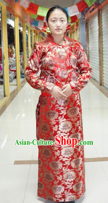 Chinese Traditional Zang Nationality Red Dress Clothing, China Tibetan Ethnic Heishui Dance Costume for Women