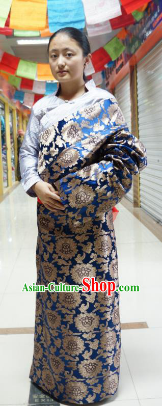 Chinese Traditional Zang Nationality Royalblue Dress Clothing, China Tibetan Ethnic Heishui Dance Costume for Women