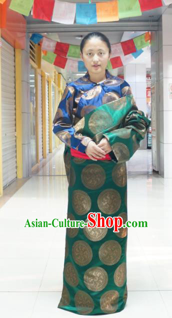 Chinese Traditional Zang Nationality Green Tibetan Robe, China Tibetan Ethnic Heishui Dance Costume for Women