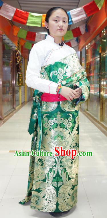 Chinese Traditional Zang Nationality Green Brocade Tibetan Robe, China Tibetan Ethnic Heishui Dance Costume for Women